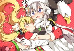  2girls ahoge alternate_costume azur_lane bald_eagle bird blonde_hair blush closed_eyes commentary_request eagle eldridge_(azur_lane) eldridge_(holy_night&#039;s_embrace)_(azur_lane) enterprise_(azur_lane) enterprise_(reindeer_master)_(azur_lane) eromame gloves grey_hair grim_(azur_lane) hat hug long_hair multiple_girls official_alternate_costume purple_eyes red_gloves santa_costume twintails twitter_username winter_clothes 