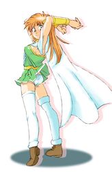  :i armor breasts brown_eyes cape commentary_request dragon_quest dragon_quest_dai_no_daibouken female long_hair looking_at_viewer medium_breasts onnaski orange_hair panties pantyshot pauldrons photoshop_(medium) princess_leona shoulder_armor sideboob solo thighhighs underwear 