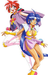  1990s_(style) 2girls absurdres ahoge aqua_eyes bad_link blue_eyes boots breasts cacao_(lamune) cleavage cover_image earrings fingerless_gloves gloves headband highres jewelry large_breasts long_hair looking_at_viewer multiple_girls open_mouth parfait_(lamune) photoshop_(medium) red_eyes red_hair retro_artstyle simple_background smile thigh_boots thighhighs vhs_cover vs_knight_lamune_&amp;_40_fresh white_background 