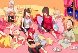  8girls ahoge akamatsu_kaede bangs belly black_hair black_hat blonde_hair blue_eyes blue_hair book breasts chabashira_tenko closed_eyes cup danganronpa dark_skin dress drink eyewear feet glasses grey_hair hair_over_one_eye happy harukawa_maki hat iruma_miu long_hair midriff mole multiple_girls new_danganronpa_v3 open_mouth pillow purple_eyes red_eyes red_hair shirogane_tsumugi shirt short_hair side_bangs sleeping smile socks tea tongue toujou_kirumi towel window witch_hat yonaga_angie yumeno_himiko 