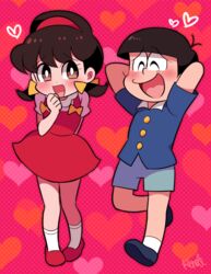  1boy arms_behind_head bad_id bad_twitter_id black_hair blush bowl_cut brown_eyes brown_hair closed_eyes dress female hair_ribbon hairband heart heart_background lolicon low_twintails matsuno_osomatsu osomatsu-kun osomatsu_(series) pigeon-toed pinafore_dress pink_background polka_dot polka_dot_background remotarou ribbon short_sleeves short_twintails shorts signature sleeveless sleeveless_dress smile standing standing_on_one_leg twintails yowai_totoko 