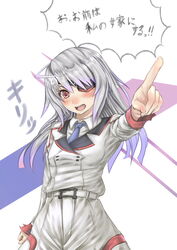  belt commentary_request eyepatch female grey_hair highres infinite_stratos laura_bodewig long_hair necktie purple_eyes red_eyes school_uniform solo spoilers translated vicsen-u5 