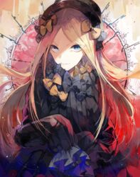  abigail_williams_(fate) black_bow black_dress black_hat blonde_hair blue_eyes bow bug butterfly closed_mouth commentary_request dress ezu_(e104mjd) fate/grand_order fate_(series) female hairbow hat highres key long_hair long_sleeves looking_at_viewer orange_bow parted_bangs partial_commentary polka_dot polka_dot_bow sleeves_past_wrists solo v-shaped_eyebrows very_long_hair 