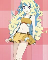  arancia arancia_(cosplay) bad_id bad_pixiv_id cosplay cross-shaped_pupils female francisco_valle long_hair midriff miniskirt multicolored_hair navel nia_teppelin orange_skirt original skirt solo symbol-shaped_pupils tengen_toppa_gurren_lagann 