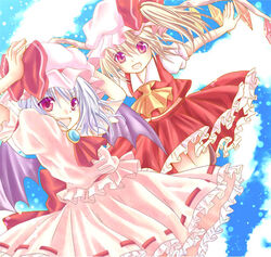  2girls :d ascot bad_id bad_pixiv_id bat_wings blonde_hair commentary_request flandre_scarlet grey_hair hands_on_headwear hat looking_at_viewer maya_(tirolpop) mob_cap multiple_girls open_mouth outstretched_arms purple_eyes remilia_scarlet short_hair side_ponytail smile spread_arms touhou wings 