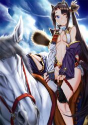  4n. ;d animal armor asymmetrical_clothes asymmetrical_sleeves black_hair blue_eyes blue_sky breast_curtains breasts circlet cloud commentary_request day detached_sleeves fate/grand_order fate_(series) feathers female gloves grin hair_ornament hooves horse horse_legs horseback_riding japanese_armor jewelry katana kusazuri linea_alba long_hair looking_at_viewer looking_away mismatched_sleeves navel one_eye_closed open_mouth outdoors parted_bangs pom_pom_(clothes) purple_sleeves revealing_clothes riding ring rope sheath sheathed shoulder_armor sideboob single_pantsleg single_sode sitting sky small_breasts smile socks sode solo stomach sword tassel underboob ushiwakamaru_(fate) very_long_hair weapon white_sleeves white_socks 