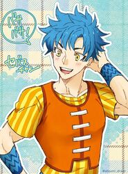  ! 1boy animal_crossing artist_name bad_id bad_pixiv_id blue_hair blush bracelet humanization jewelry male_focus muraosa_(conjecture) open_mouth pierce_(animal_crossing) solo teeth yellow_eyes 