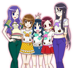  5girls arm_behind_back bare_arms belt blue_eyes blue_hair brown_eyes brown_hair chypre_(heartcatch_precure!) coffret_(heartcatch_precure!) cologne_(heartcatch_precure!) commentary_request coupe_(heartcatch_precure!) frown glasses group_picture hair_ornament hairpin hanasaki_tsubomi hand_on_own_hip happy heart heartcatch_precure! kurumi_erika kurumi_momoka long_hair midriff multiple_girls myoudouin_itsuki navel one_eye_closed pants potpourri_(heartcatch_precure!) precure purple_hair red_hair ribbon shirt short_hair sidelocks simple_background skirt smile tsukikage_yuri twintails v yuuma_(skirthike) 