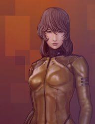  1970s_(style) abs bad_id bad_pixiv_id bodysuit breasts brown_hair commentary_request female katou_yuu lips long_hair md5_mismatch medium_breasts military military_uniform mori_yuki photoshop_(medium) pilot_suit purple_eyes realistic retro_artstyle science_fiction solo uchuu_senkan_yamato uniform 