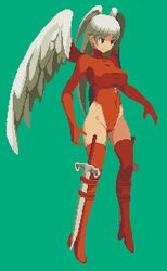  angel_wings boots breasts commentary_request dh_ead female final_fantasy final_fantasy_tactics gloves grey_hair head_wings leotard long_hair lowres medium_breasts pixel_art red_eyes red_leotard solo sprite sword thigh_boots thighhighs ultima_(fft) weapon white_hair wings 