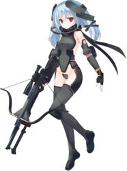  aquaplus blue_hair bodysuit bou_(inubou) crossbow dungeon_travelers_2 expressionless female flat_chest full_body highres official_art red_eyes scope solo transparent_background tsurara_(dungeon_travelers_2) weapon 