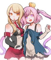  2girls :d :o asymmetrical_hair azur_lane bad_id bad_twitter_id bare_shoulders black_ribbon blonde_hair bow breasts bridal_gauntlets buttons collarbone cowboy_shot crown dress eyebrows facing_another flat_chest gloves hair_ribbon highres juneau_(azur_lane) juno_(azur_lane) kwz legs_apart legs_together long_hair long_sleeves medium_breasts mini_crown miniskirt multiple_girls necktie no_bra off_shoulder open_mouth orange_eyes pantyhose pink_bow pink_hair pleated_skirt purple_eyes red_necktie red_skirt ribbon shirt sideboob simple_background skirt sleeveless sleeveless_shirt sleeves_past_wrists smile standing straight_hair sweatdrop swept_bangs tareme twintails very_long_hair white_background white_gloves white_pantyhose 