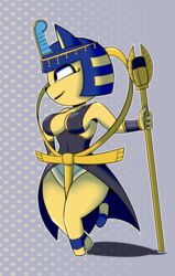  2017 4_fingers animal_crossing ankha_(animal_crossing) anthro big_breasts breasts circlet clothed clothing cosplay crossover crossover_cosplay digital_media_(artwork) domestic_cat dress egyptian featureless_feet feet felid feline felis female fingers freepancakes fur hair hand_on_hip headgear headwear hi_res holding_object loose_feather mammal nintendo ostrich_feather short_hair short_stack side_boob skullgirls smile solo standing thick_thighs 