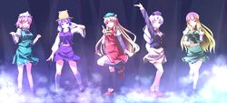  5girls \m/ animal_ears black_socks blonde_hair braid cat_ears chen chen_(cosplay) commentary_request cosplay full_body gradient_hair grey_hair hat highres hijiri_byakuren kemonomimi_mode kneehighs konpaku_youmu konpaku_youmu_(cosplay) long_hair moriya_suwako moriya_suwako_(cosplay) multicolored_hair multiple_girls nazrin nazrin_(cosplay) nurse_cap one_eye_closed paw_pose pink_eyes pink_hair pose purple_eyes purple_hair pyonta red_eyes reisen_udongein_inaba reisen_udongein_inaba_(cosplay) ryosios saigyouji_yuyuko short_hair socks standing standing_on_one_leg thighhighs touhou white_socks yagokoro_eirin yakumo_yukari yasaka_kanako yellow_eyes 