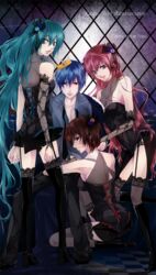  1boy 3girls aqua_eyes aqua_hair bad_id bad_pixiv_id bare_shoulders blue_eyes blue_hair brown_eyes brown_hair checkered_floor corset crown elbow_gloves french_text garter_straps gloves hatsune_miku high_heels highres kaito_(vocaloid) lace lace-trimmed_legwear lace_trim long_hair megurine_luka meiko_(vocaloid) multiple_girls pink_hair sakurai_(hai_haru) shoes thighhighs twintails very_long_hair vocaloid 