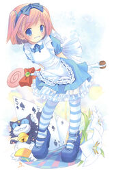  absurdres ah-kun alice_(alice_in_wonderland) alice_(alice_in_wonderland)_(cosplay) alice_in_wonderland apron arms_behind_back blue_eyes blue_skirt blush bob_cut bow candy card checkered_floor cosplay female floating_card flower food frills grin hairband highres holding ka-kun lily_(flower) lollipop moetan nijihara_ink no_nose photoshop_(medium) pink_hair pop_(electromagneticwave) ribbon short_hair skirt smile solo striped_clothes striped_thighhighs thighhighs two_side_up wand 