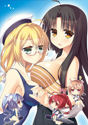  5girls :d :o ? ahoge alternate_eye_color arms_behind_back asymmetrical_docking bandeau bare_shoulders barefoot black_hair black_skirt blonde_hair blue_hair blush breast_press breasts brown_eyes chibi collarbone commentary_request from_side glasses green_eyes hair_ornament hair_ribbon hat holding i-168_(kancolle) i-19_(kancolle) i-58_(kancolle) i-8_(kancolle) japanese_clothes kantai_collection katagiri_chisato large_breasts light_brown_hair long_hair looking_at_viewer low-tied_long_hair low_twintails medium_breasts multiple_girls neckerchief one-piece_swimsuit open_mouth peaked_cap pink_eyes pleated_skirt ponytail red-framed_eyewear red_eyes red_hair ribbon sailor_collar sailor_hat school_swimsuit school_uniform semi-rimless_eyewear serafuku short_hair shouhou_(kancolle) skirt smile swimsuit swimsuit_under_clothes torpedo tri_tails twintails under-rim_eyewear upper_body x_hair_ornament 