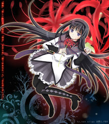  akemi_homura akemi_homura_(magical_girl) argyle_clothes argyle_legwear ariga_nao black_hair boots commentary_request female flower grey_skirt hairband holding holding_flower long_hair magical_girl mahou_shoujo_madoka_magica mahou_shoujo_madoka_magica_(anime) pantyhose purple_eyes red_flower skirt solo spider_lily 