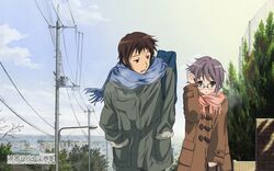  1boy bag blush brown_eyes brown_hair coat comiket_79 day female glasses highres ikeda_kazumi kyon nagato_yuki non-web_source official_art official_wallpaper outdoors purple_hair scarf short_hair suzumiya_haruhi_no_shoushitsu suzumiya_haruhi_no_yuuutsu 