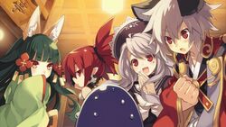  1boy 3girls albino animal_ears disgaea dog_ears earrings etna_(disgaea) fox_ears green_hair grey_hair hair_ornament jewelry kanata_(trinity_universe) mole multiple_girls nippon_ichi official_art pamela_ibiss prinny red_eyes red_hair trinity_universe tsubaki_(trinity_universe) tsunako 