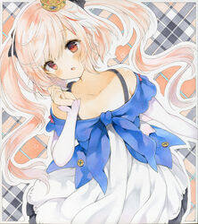  azur_lane bad_id bad_pixiv_id bare_shoulders blush border bow collarbone crown diamond_(shape) dress eyebrows eyelashes eyes_visible_through_hair female flat_chest g_z_mo_n gem juno_(azur_lane) long_hair long_sleeves looking_at_viewer mini_crown off_shoulder open_mouth outline painting_(medium) pink_hair plaid plaid_background red_bow red_eyes sleeves_past_wrists solo star_(symbol) tareme tongue traditional_media twintails watercolor_(medium) white_border white_dress white_outline 