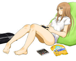  anger_vein ass bad_feet bare_legs barefoot brown_eyes brown_hair commentary_request controller covered_nipples demon&#039;s_souls feet female full_body game_console game_controller joy_(joy-max) long_hair natsume_reiko natsume_yuujinchou no_pants nyanko-sensei original panties photoshop_(medium) playing_games playstation_3 shirt simple_background sitting slovenly solo sony striped_clothes striped_panties t-shirt underwear 