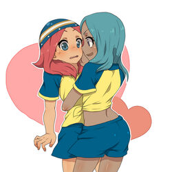  2girls big_lips blue_hair blush brown_hair chocolate_teeth dark_skin dark_skinned_female giutan green_hair gutn happy heart hug inazuma_eleven inazuma_eleven_(series) love multiple_girls open_mouth pixiv_thumbnail red_hair resized scared smile urabe_rika yuri zaizen_touko 