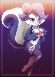  2014 abstract_background accessory anthro big_tail blush bow_(disambiguation) breasts convenient_censorship envelope female fifi_la_fume garter heart_symbol hi_res looking_at_viewer mammal mephitid nancher nude simple_background skunk solo tail tiny_toon_adventures warner_brothers 