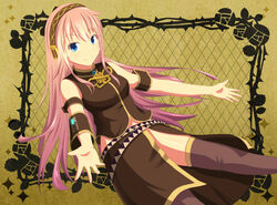  blue_eyes commentary_request detached_sleeves female headphones kurohachiboku long_hair looking_at_viewer megurine_luka navel pink_hair reaching smile solo vocaloid 