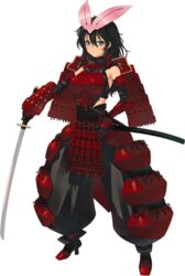  aquaplus armor black_hair blue_eyes bou_(inubou) dark-skinned_female dark_skin dungeon_travelers_2 female full_body grisherina_efleanor high_heels highres holding holding_weapon japanese_armor katana looking_at_viewer official_art samurai solo standing sword transparent_background weapon 