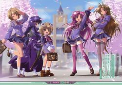  5girls :d aoi_academy_school_uniform bag black_legwear blue_eyes blue_hair blush_stickers brown_eyes brown_hair building cherry_blossoms commentary garter_straps hakama hakama_skirt highres japanese_clothes kamishiro_rin kazetsubaki_kuriko komatsu_eiji kurioka_maiho legs loafers maburaho miyama_yuuna multiple_girls oerba_yun_fang open_mouth pink_hair pink_legwear plant purple_eyes purple_hakama salute school school_uniform shoes short_hair skirt smile spring_(season) standing thighhighs tree waving yamase_chihaya zettai_ryouiki 