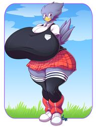  2016 anthro avian beak big_breasts biped bird breasts busty_bird clothing corvid corvus_(genus) crow eyewear female footwear glasses hi_res huge_breasts jaeh non-mammal_breasts oscine passerine shoes solo 