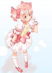  choker commentary_request female from_above gloves hair_ribbon kaname_madoka kaname_madoka_(magical_girl) kneehighs light_smile mahou_shoujo_madoka_magica mahou_shoujo_madoka_magica_(anime) pigeon-toed pink_hair pointing puffy_sleeves red_choker red_eyes ribbon short_twintails socks solo standing twintails white_gloves white_socks yoruda 