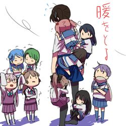  6+girls ahoge akebono_(kancolle) akigumo_(kancolle) arms_up asymmetrical_legwear beads betchan black_bow black_hair black_pantyhose blue_hair blue_legwear blue_neckwear blue_skirt bow brown_hair chibi climbing commentary crossed_arms flower glasses green_hair hair_beads hair_flower hair_ornament hairbow hug hugging_own_legs isokaze_(kancolle) kaga_(kancolle) kantai_collection kazagumo_(kancolle) long_hair long_sleeves looking_at_another looking_up lowres makigumo_(kancolle) mole mole_under_mouth multiple_girls on_person pantyhose pink_hair pleated_skirt purple_hair sazanami_(kancolle) scarf school_uniform serafuku short_sleeves side_ponytail skirt sleeves_past_fingers sleeves_past_wrists tanikaze_(kancolle) translated trembling twintails uneven_legwear urakaze_(kancolle) ushio_(kancolle) warming wavy_mouth wind yuugumo_(kancolle) 