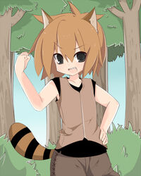  animal_ears araiguma_(bonobono) black_shirt bonobono brown_hair brown_pants brown_vest clenched_hand collarbone commentary cowboy_shot day female forest hand_on_own_hip kita_senju looking_at_viewer nature open_mouth outdoors pants personification shirt sleeveless sleeveless_shirt solo squirrel teeth tree upper_teeth_only v-shaped_eyebrows vest 