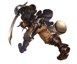  1boy back bag bandana black_hair boots brown_eyes draph full_body garma gloves granblue_fantasy gun horns male_focus minaba_hideo official_art solo sword transparent_background weapon 