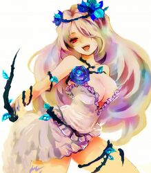  blue_flower blue_rose breasts cleavage commentary_request dress female flower grimgrimoire hair_ornament hiro_(kazzz) long_hair lujei_piche medium_breasts red_eyes rose skull solo soul_cradle thighs thorns white_hair 