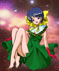  :d barefoot blue_hair bow dress female full_body gloves green_dress hairbow long_hair looking_at_viewer mitsumete_knight open_mouth photoshop_(medium) plantar_flexion raizze_haimer red_eyes red_gloves self-upload smile solo star_(sky) winsasa yellow_bow 