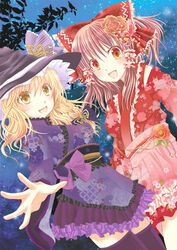  2girls :d alternate_costume bad_id bad_pixiv_id blonde_hair bow braid brown_eyes brown_hair commentary_request frills hair_ornament hair_ribbon hair_tubes hairbow hakurei_reimu hat japanese_clothes kimono kimono_skirt kirisame_marisa lolita_fashion long_hair looking_at_viewer maya_(tirolpop) multiple_girls open_mouth purple_legwear reaching ribbon single_braid smile summer thighhighs touhou wa_lolita witch_hat yellow_eyes zettai_ryouiki 