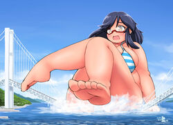  banned_artist barefoot bikini black_hair bridge day destruction feet giantess glasses long_hair mikomu open_mouth original plump solo striped striped_bikini swimsuit water yellow_eyes 