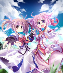  2girls :d ahoge animal_ears bare_shoulders bow breasts brown_hair cloud commentary_request company_connection crossover dog_days dog_ears dog_girl dog_tail dress fingerless_gloves gloves grass holding_hands kazekawa_nagi lyrical_nanoha magical_girl mahou_shoujo_lyrical_nanoha medium_breasts millhiore_f._biscotti multiple_girls open_mouth outdoors pink_hair puffy_sleeves purple_eyes seven_arcs short_twintails sky smile tail takamachi_nanoha takamachi_nanoha_(sacred_mode) twintails 