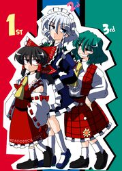  3girls ascot black_hair blue_eyes bow braid commentary_request detached_sleeves flower green_hair grey_hair hairbow hakurei_reimu izayoi_sakuya kazami_yuuka kieyza maid maid_headdress multiple_girls plaid plaid_skirt plaid_vest red_eyes short_hair skirt skirt_set smile sunflower touhou twin_braids vest 