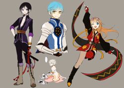  ... 4boys ;d aqua_hair armor bad_id bad_pixiv_id black_hair blonde_hair blue_eyes boots commentary_request cosplay crossdressing estellise_sidos_heurassein estellise_sidos_heurassein_(cosplay) fingerless_gloves flynn_scifo flynn_scifo_(cosplay) gloves goggles goggles_on_head gokotai gokotai&#039;s_tigers ichigo_hitofuri long_hair male_focus midare_toushirou multiple_boys one_eye_closed open_mouth pantyhose purple_eyes rita_mordio rita_mordio_(cosplay) short_sword single_leg_pantyhose smile spoken_ellipsis sword tales_of_(series) tales_of_vesperia tantou tiger touken_ranbu wasurenagusa_(estforest) weapon white_hair white_tiger yagen_toushirou yellow_eyes yuri_lowell yuri_lowell_(cosplay) 