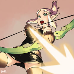  aiming arrow_(projectile) bare_shoulders belt blonde_hair bow_(weapon) breasts commentary_request cra_(wakfu) drawing_bow dress evangelyne_(wakfu) female folded_ponytail freckles gloves glowing glowing_weapon green_eyes hair_ornament hairclip holding holding_arrow holding_bow_(weapon) holding_weapon painttool_sai_(medium) pointy_ears sleeveless sleeveless_dress small_breasts solo thighhighs tsukudani_(coke-buta) tunic wakfu weapon 