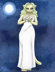  amber_eyes anthro black_sclera bouquet canid canine claws clothed clothing dress elma_(tenchi_muyo) felid female fur green_hair hair hi_res hybrid irma looking_at_viewer mammal moon night paws solo standing star suishi tan_body tan_fur tenchi_muyo toe_claws wau wedding_dress yellow_eyes 