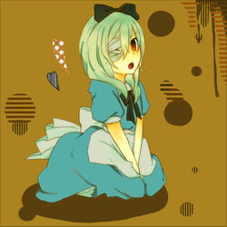  1boy alice_(wonderland)_(cosplay) alice_in_wonderland apron blush crossdressing crossdressing dress eyepatch frown full_body hairband heart heart inazuma_eleven inazuma_eleven_(series) lolita_fashion male_focus open_mouth red_eyes sakuma_jirou short_hair simple_background sitting solo trap white_hair 