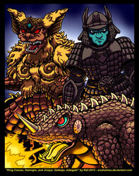  armor crossover daimajin daimajin_(series) deity fire gem giant_monster glowing_eyes god godzilla_(series) green_skin jewelry jiraiya_(the_magic_serpent) kaijuu king_caesar lion looking_at_viewer monster red_eyes samurai samurai_armor sword the_magic_serpent tokusatsu weapon 