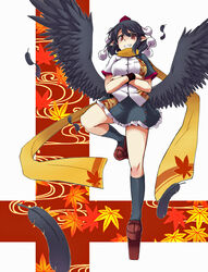  black_hair black_socks black_wings commentary_request feathers female full_body geta hat highres kneehighs looking_at_viewer ooike_teru photoshop_(medium) pointy_ears red_eyes scarf shameimaru_aya short_hair socks solo standing standing_on_one_leg tengu-geta tokin_hat touhou wings 