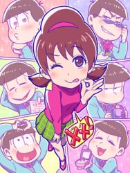  6+boys ;p arm_behind_head brothers brown_eyes brown_hair closed_eyes commentary_request female flower formal green_skirt hairband headphones heart heart-shaped_pupils heart_hands heart_in_mouth jewelry low_twintails matsuno_choromatsu matsuno_ichimatsu matsuno_jyushimatsu matsuno_karamatsu matsuno_osomatsu matsuno_todomatsu messy_hair money_gesture multiple_boys nozomi_uni one_eye_closed osomatsu-kun osomatsu-san osomatsu_(series) paneled_background plaid plaid_skirt pose ring rose sextuplets short_twintails siblings six_shame_faces skirt smile sparkle suit sunglasses symbol-shaped_pupils tongue tongue_out turtleneck twintails yowai_totoko 