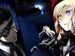  1boy akira_(kaned_fools) black_dress black_hair blonde_hair bow darkness dress eyepatch female formal frown game_cg heterochromia long_hair m_(shikkoku_no_sharnoth) mary_clarissa_christie mature_male necktie open_mouth red_eyes ribbon shikkoku_no_sharnoth sidelocks spiked_hair stairs steampunk_(liarsoft) suit surprised yellow_eyes 